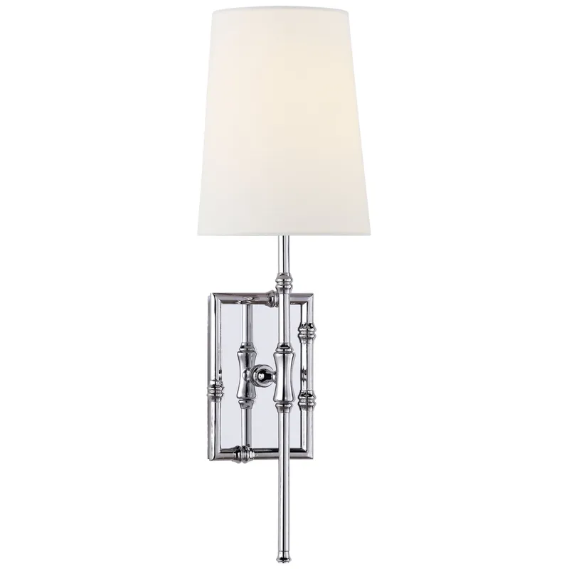 Visual Comfort Grenol Single Modern Bamboo Sconce in Polished Nickel with Linen Shade Wall Light W5" x H17.75"