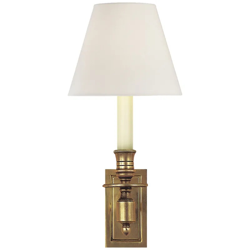 Visual Comfort French Single Library Sconce in Hand-Rubbed Antique Brass with Linen Shade Wall Light W6" x H12"