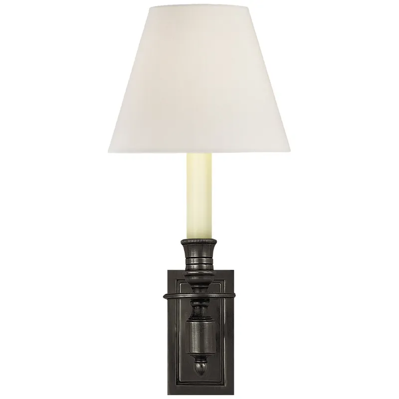 Visual Comfort French Single Library Sconce in Bronze with Linen Shade Wall Light W6" x H12"