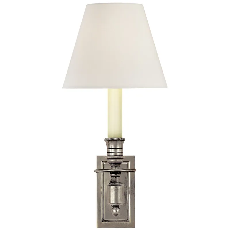 Visual Comfort French Single Library Sconce in Antique Nickel with Linen Shade Wall Light W6" x H12"