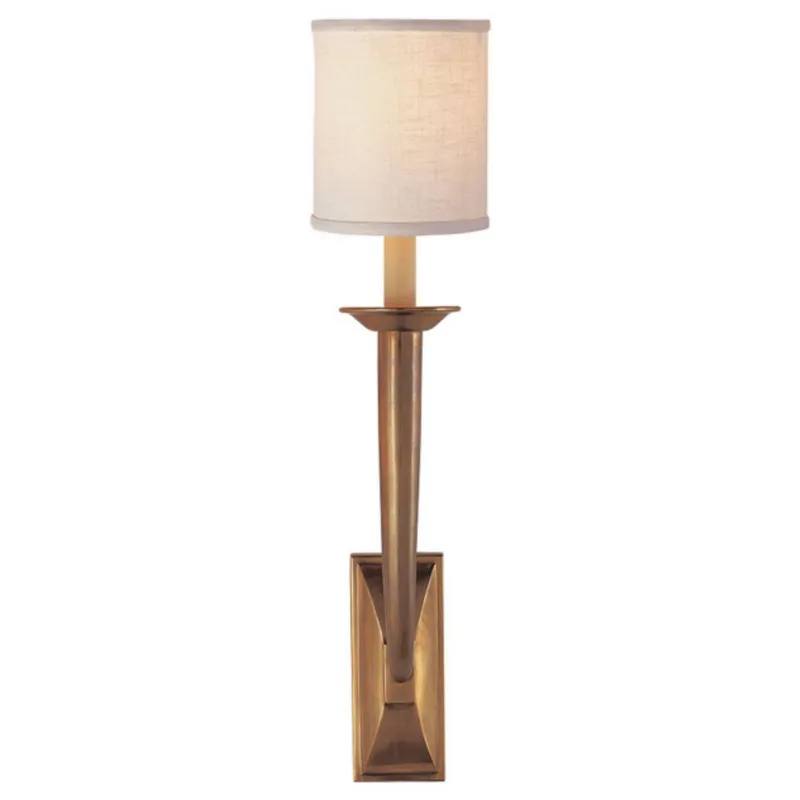 Visual Comfort French Deco Horn Sconce in Hand-Rubbed Antique Brass with Linen Shade Wall Light W5" x H23.5"