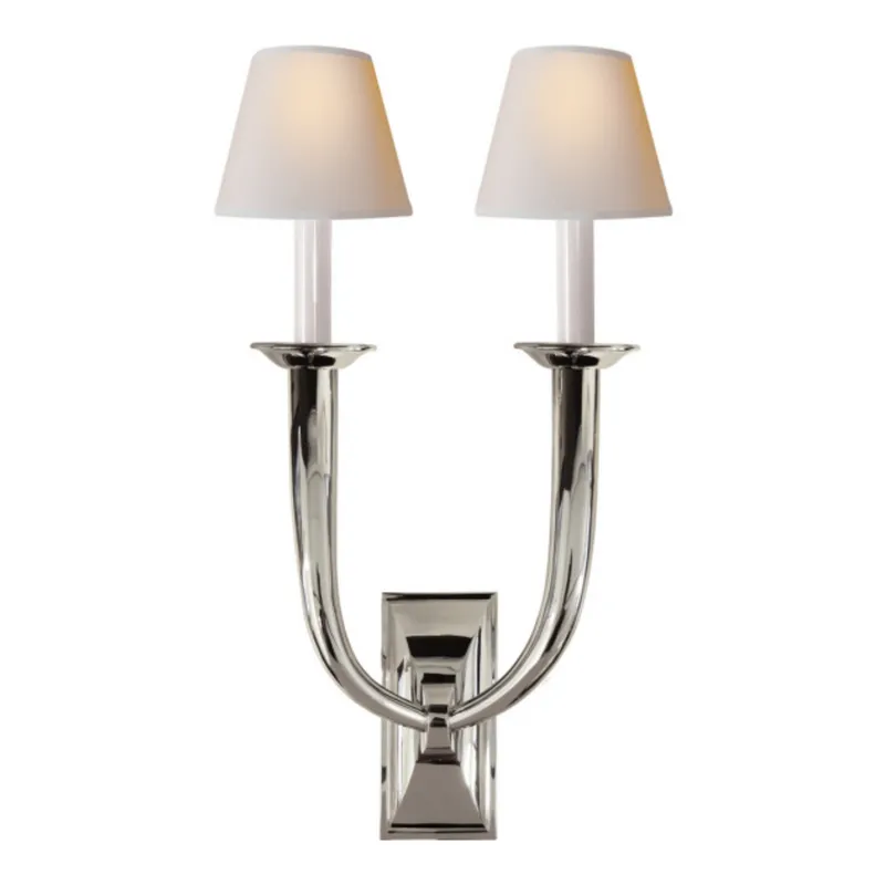 Visual Comfort French Deco Horn Double Sconce in Polished Nickel with Natural Paper Shades Wall Light W12.25" x H22"