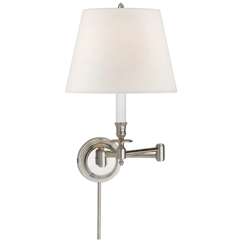 Visual Comfort Candlestick Swing Arm in Polished Nickel with Linen Shade Wall Light W19.25" x H16"