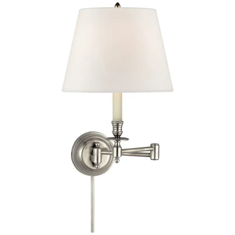 Visual Comfort Candlestick Swing Arm in Antique Nickel with Linen Shade Wall Light W19.25" x H16"