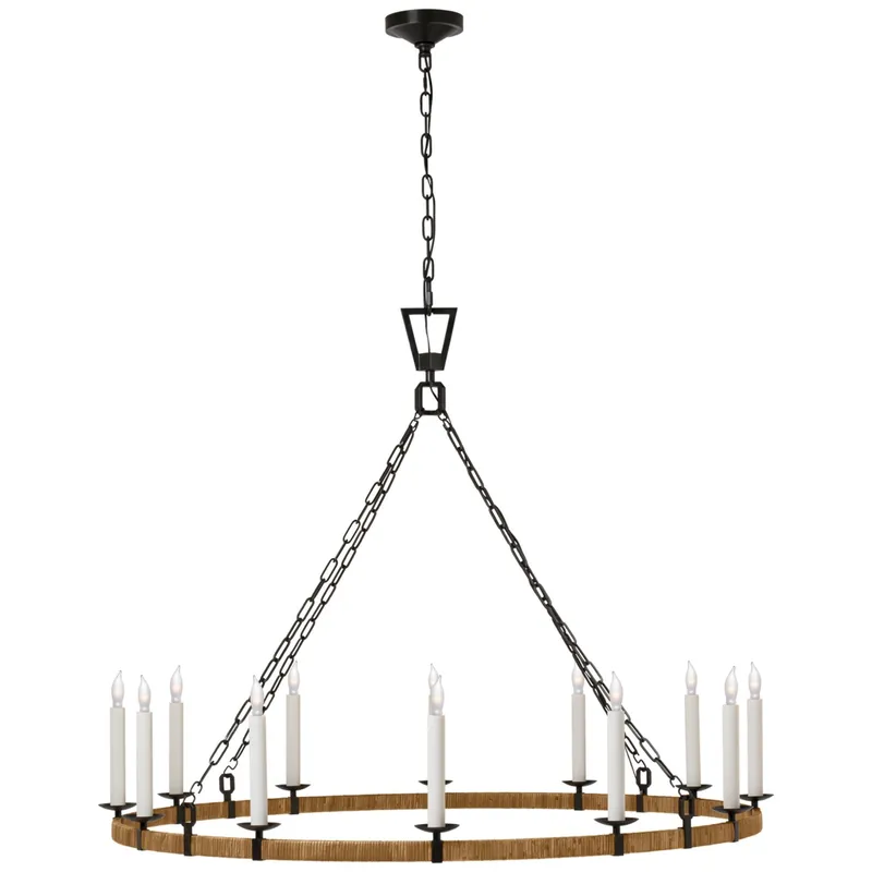 Chapman & Myers Darlana XL Wrapped Ring Chandelier in Aged Iron and Natural Rattan Ceiling Light W50" x H38.75"