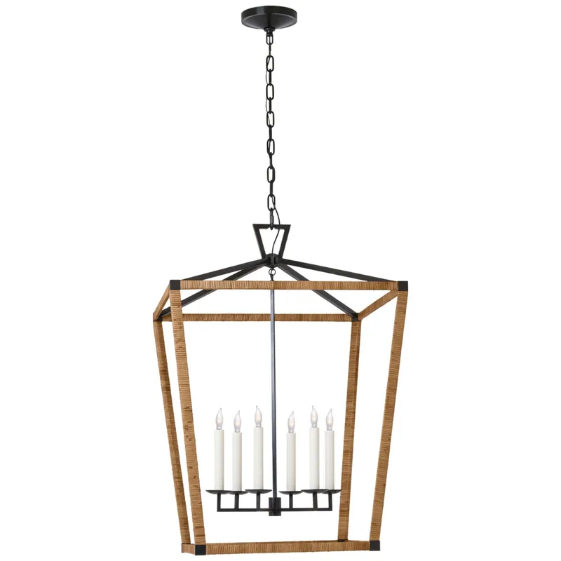 Chapman & Myers Darlana XL Wrapped Lantern in Aged Iron and Natural Rattan Ceiling Light W29" x H42"