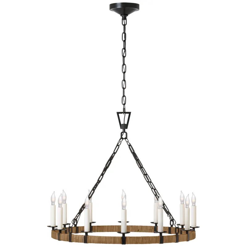 Chapman & Myers Darlana Medium Wrapped Ring Chandelier in Aged Iron and Natural Rattan Ceiling Light W30" x H24.5"