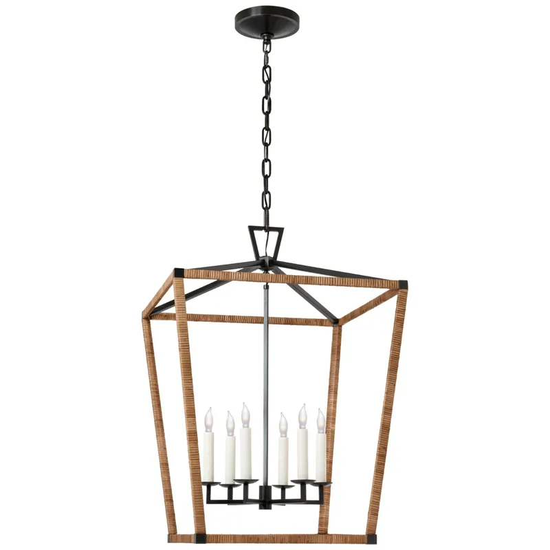 Chapman & Myers Darlana Large Wrapped Lantern in Aged Iron and Natural Rattan Ceiling Light W24" x H34.25"