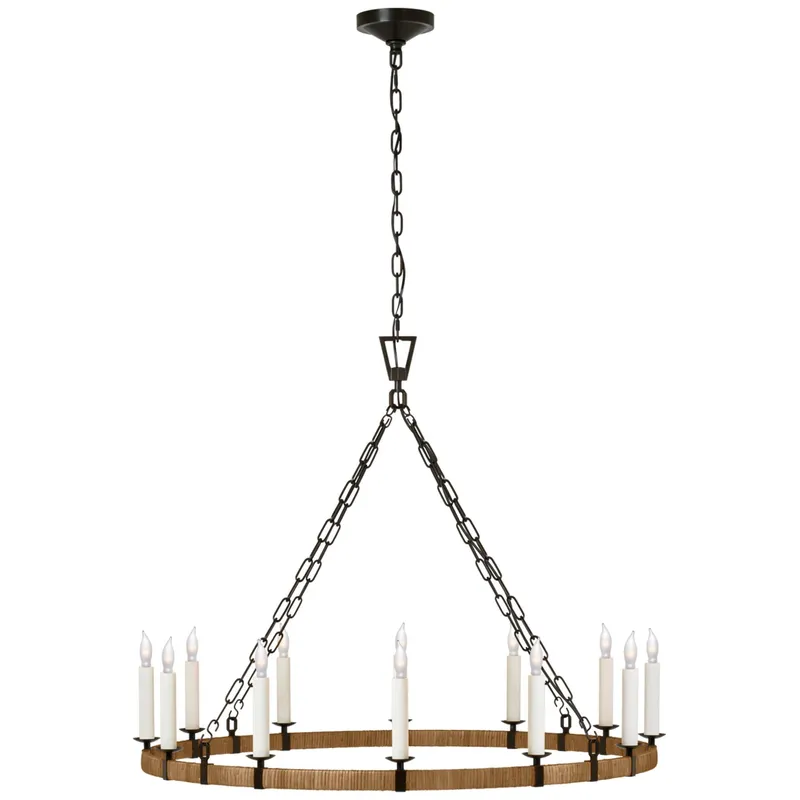 Chapman & Myers Darlana Large Wrapped Ring Chandelier in Aged Iron and Natural Rattan Ceiling Light W40" x H32"