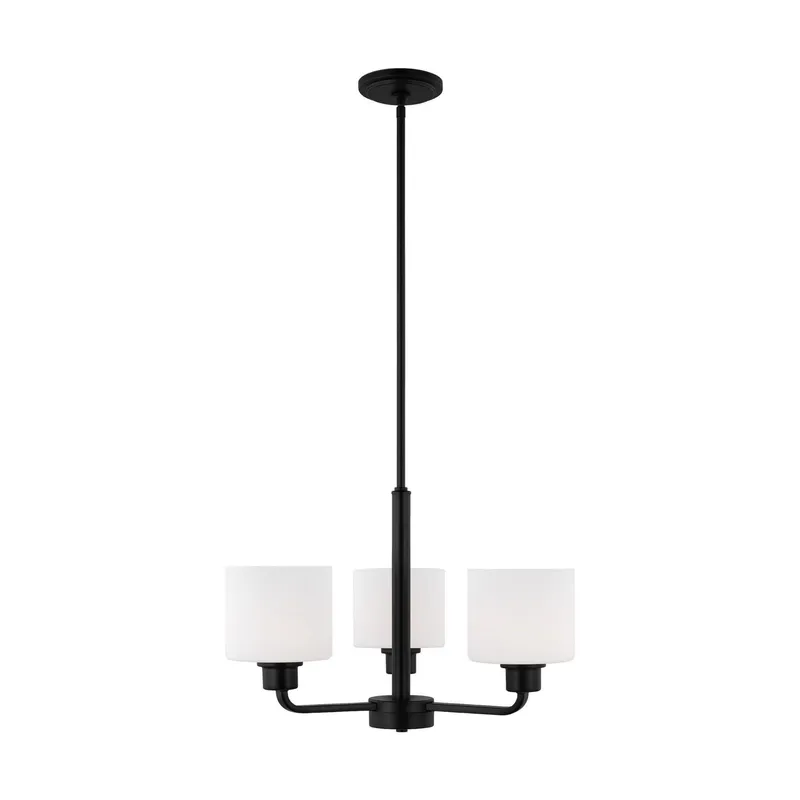 Canfield Three Light Chandelier Modern 13.125" Height Steel Round Etched / White Inside Shade in Midnight Black