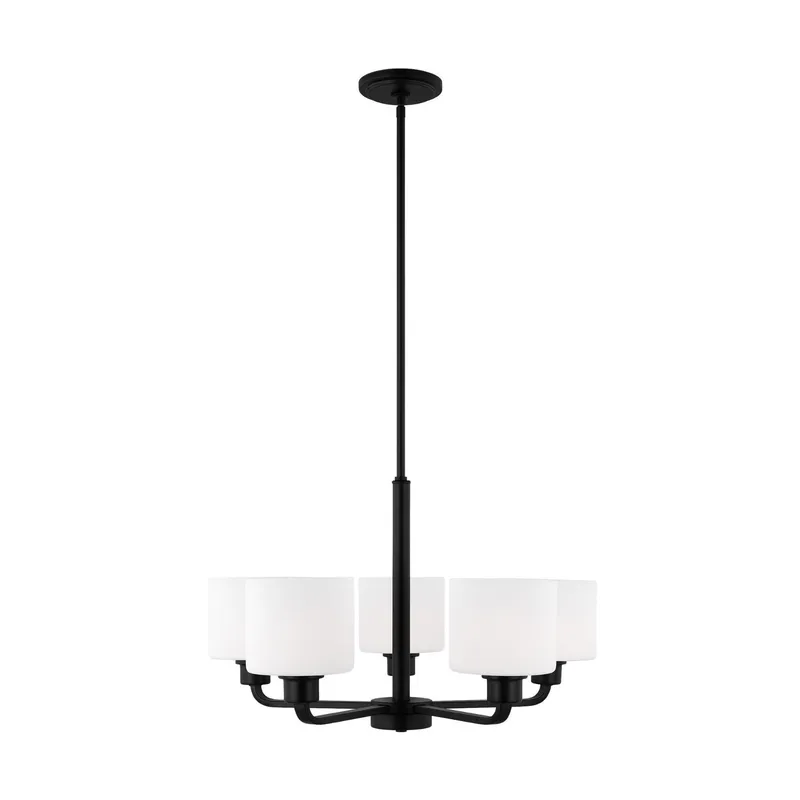 Canfield Five Light Chandelier Modern 14.5" Height Steel Round Etched / White Inside Shade in Midnight Black