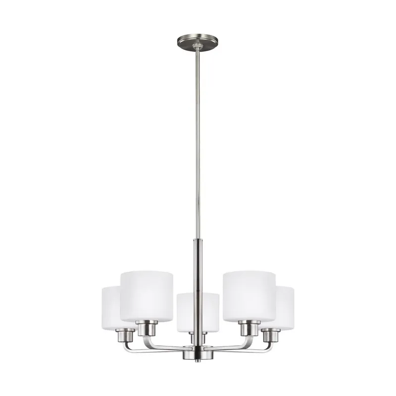 Canfield Five Light Chandelier LED Modern 14.5" Height Steel Round Etched / White Inside Shade in Brushed Nickel