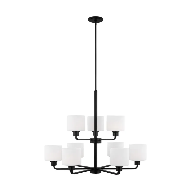 Canfield Nine Light Chandelier Modern 26" Height Steel Round Etched / White Inside Shade in Midnight Black