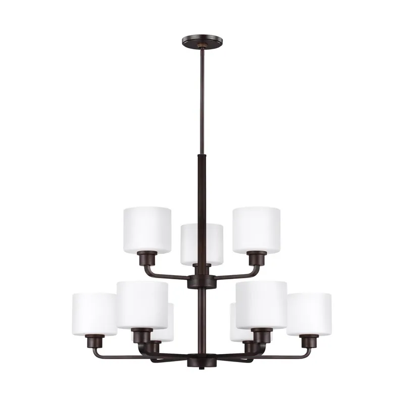 Canfield Nine Light Chandelier LED Modern 26" Height Steel Round Etched / White Inside Shade in Bronze
