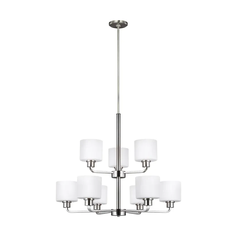 Canfield Nine Light Chandelier LED Modern 26" Height Steel Round Etched / White Inside Shade in Brushed Nickel