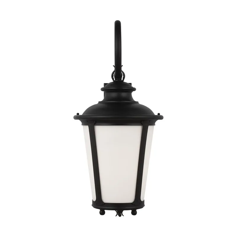 Cape May Extra Large One Light Outdoor Wall Lantern LED Traditional Fixture 13" Width 29.75" Height Aluminum Round Etched / White Inside Shade in Black