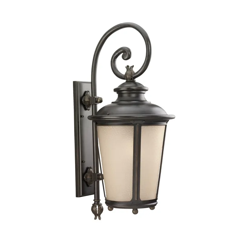 Cape May Extra Large One Light Outdoor Wall Lantern LED Traditional Fixture 13" Width 29.75" Height Aluminum Round Etched Hammered with Amber Shade in Burled Iron