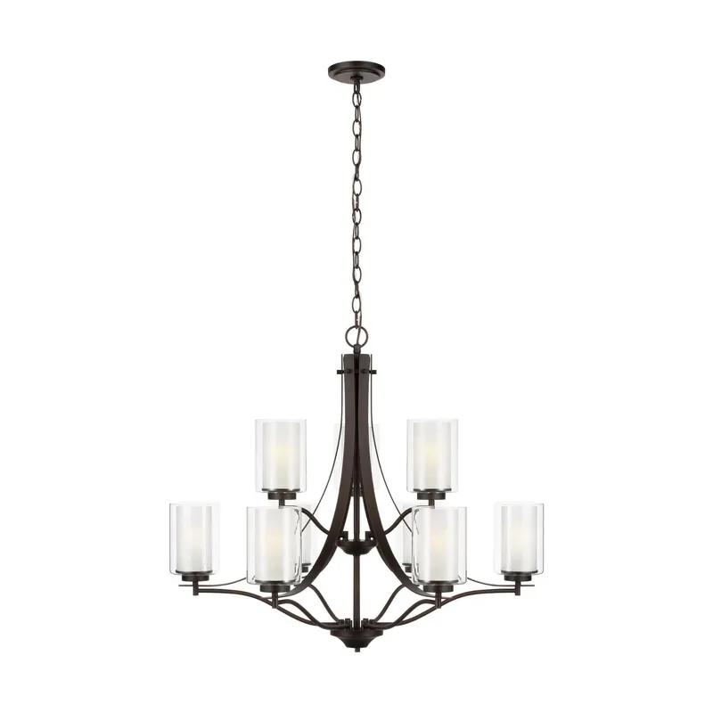 Elmwood Park Nine Light Chandelier Traditional 32" Width 27.625" Height Steel Round Satin Etched Shade in Bronze