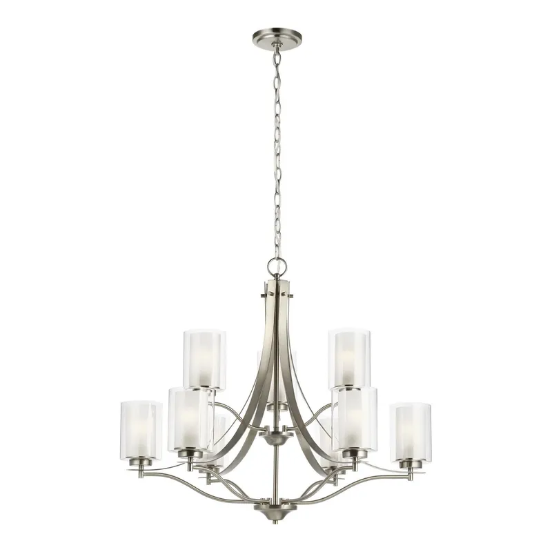 Elmwood Park Nine Light Chandelier LED Traditional 27.625" Height Steel Round Satin Etched Shade in Brushed Nickel