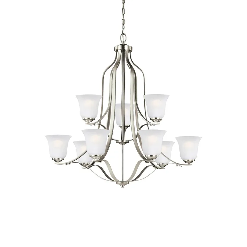Emmons Nine Light Chandelier LED Traditional 35" Height Steel Round Satin Etched Shade in Brushed Nickel