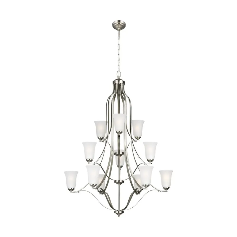 Emmons Twelve Light Chandelier LED Traditional 44" Height Steel Round Satin Etched Shade in Brushed Nickel