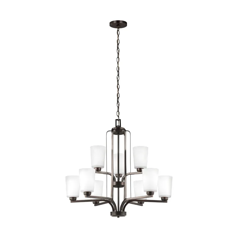 Franport Nine Light Chandelier LED Traditional 27.625" Height Steel Round Etched / White Inside Shade in Bronze