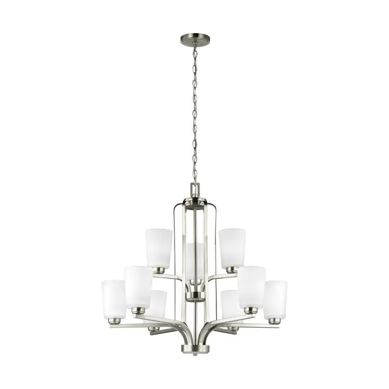 Franport Nine Light Chandelier LED Traditional 27.625" Height Steel Round Etched / White Inside Shade in Brushed Nickel