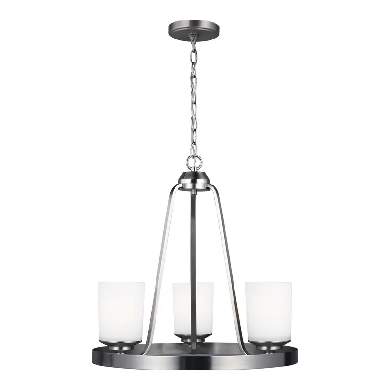 Kemal Three Light Chandelier LED Transitional 19" Height Steel Round Etched / White Inside Shade in Brushed Nickel