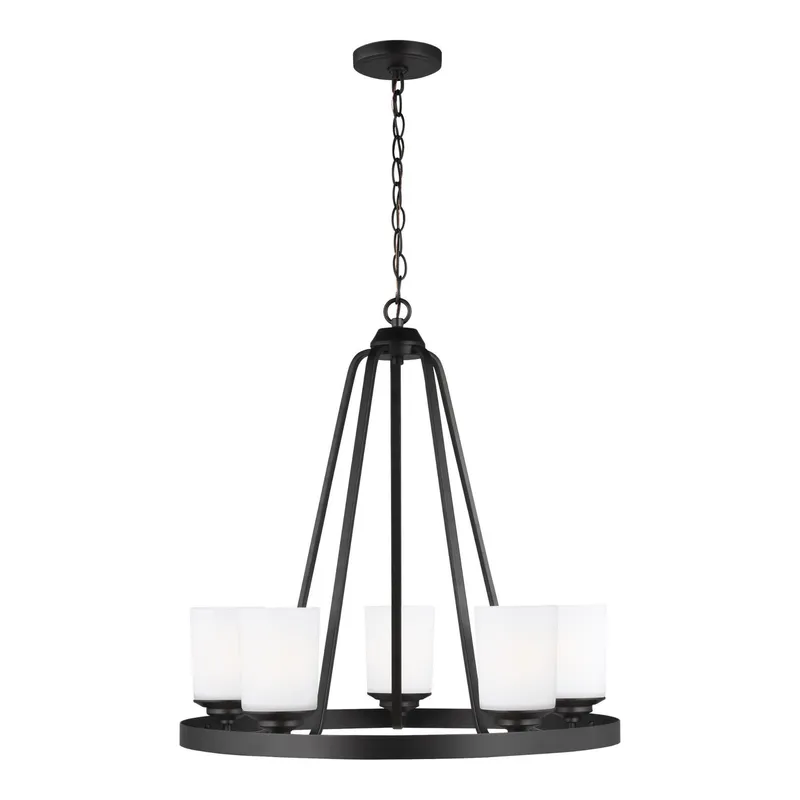 Kemal Five Light Chandelier LED Transitional 24" Height Steel Round Etched / White Inside Shade in Midnight Black