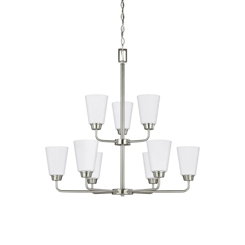 Kerrville Nine Light Chandelier LED Transitional 29.5" Height Steel Round Satin Etched Shade in Brushed Nickel