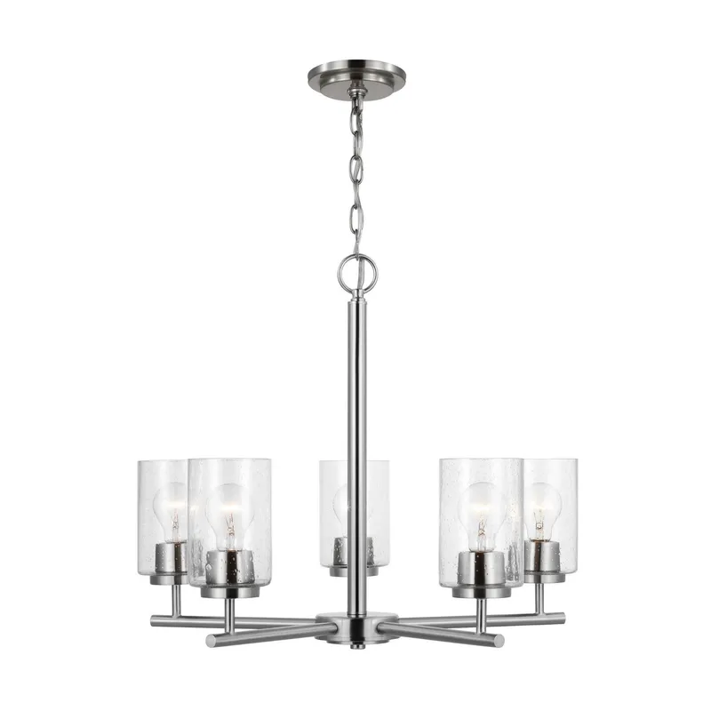Oslo Five Light Chandelier Contemporary 20" Height Steel Round Clear Seeded Shade in Brushed Nickel