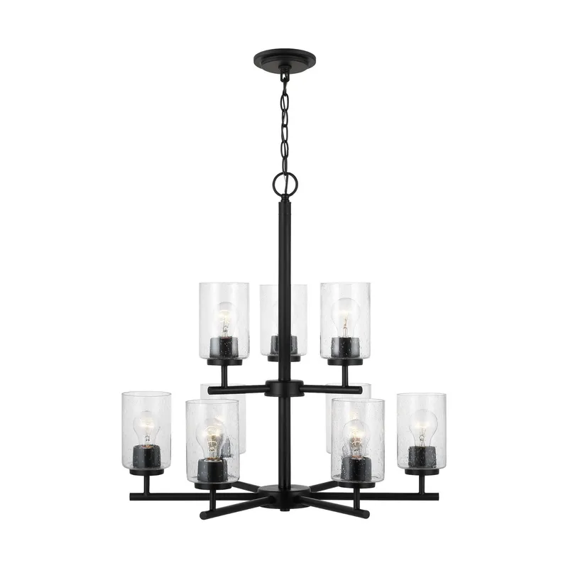 Oslo Nine Light Chandelier Contemporary 26.75" Height Steel Round Clear Seeded Shade in Midnight Black