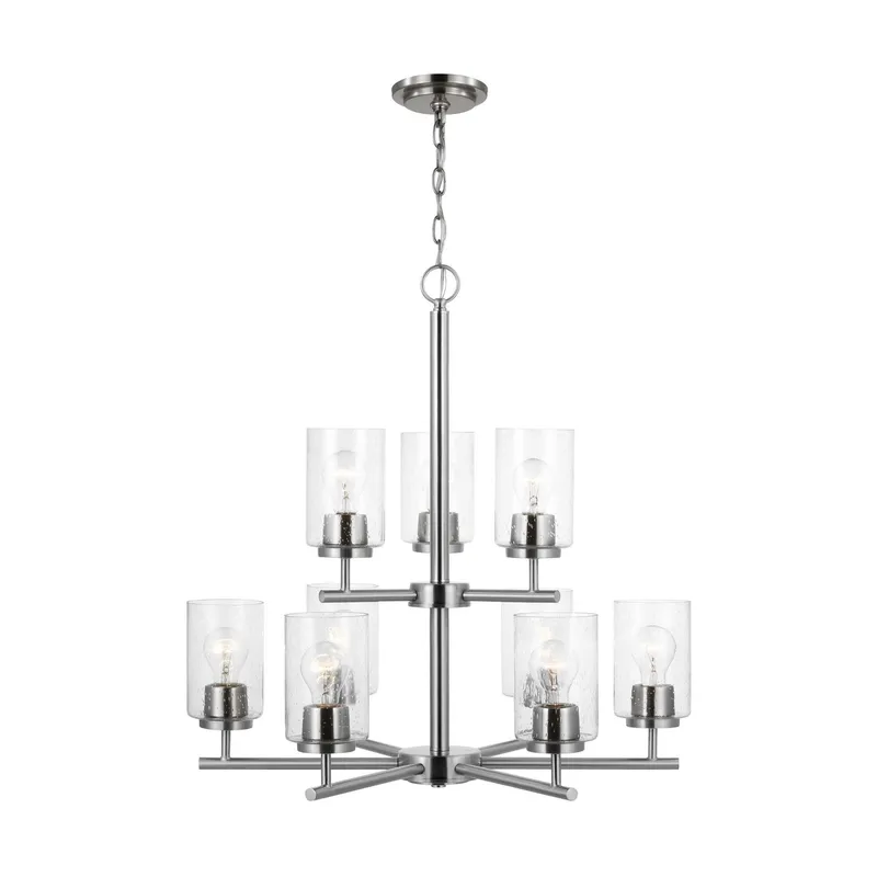 Oslo Nine Light Chandelier Contemporary 26.75" Height Steel Round Clear Seeded Shade in Brushed Nickel