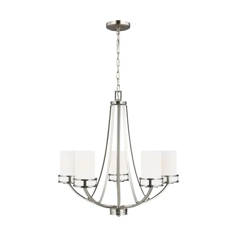 Robie Five Light Chandelier LED Transitional 23.375" Height Steel Round Etched / White Inside Shade in Brushed Nickel