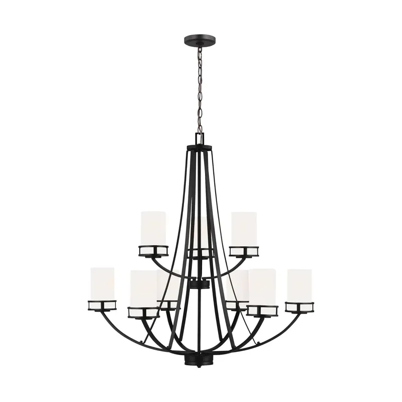 Robie Nine Light Chandelier LED Transitional 34" Height Steel Round Etched / White Inside Shade in Midnight Black