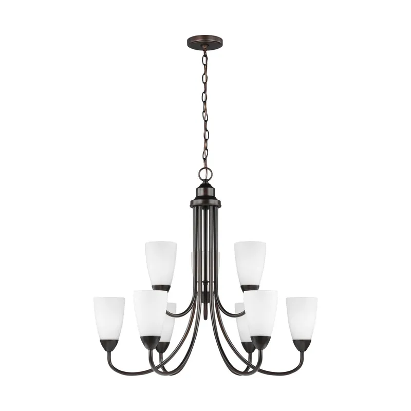 Seville Nine Light Chandelier LED Transitional 27.125" Height Steel Round Etched / White Inside Shade in Bronze