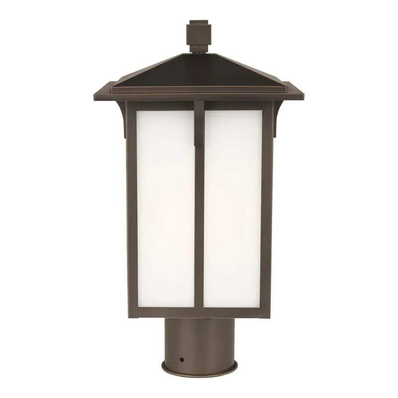 Tomek One Light Outdoor Post Lantern LED Transitional Fixture 8.375" Width 15.375" Height Aluminum Rectangular Etched / White Inside Shade in Antique Bronze