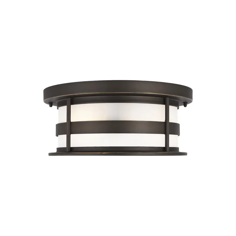 Wilburn Two Light Outdoor Flush Mount LED Transitional Fixture 5.5" Height Aluminum Round Satin Etched Shade in Antique Bronze