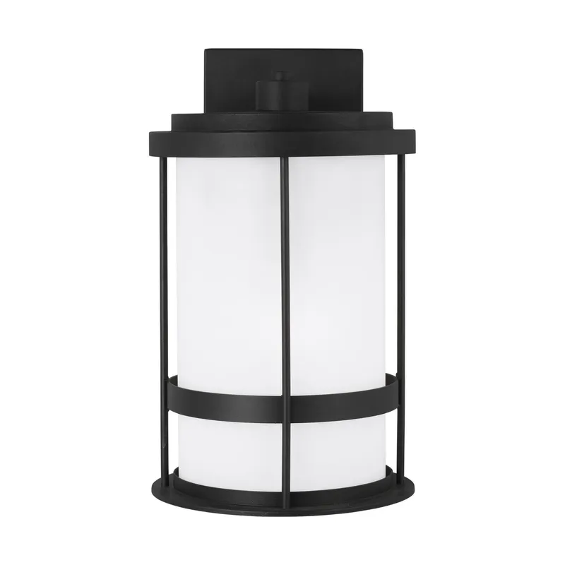 Wilburn Medium One Light Outdoor Wall Lantern LED Transitional Fixture 8" Width 13.5" Height Aluminum Round Satin Etched Shade in Black
