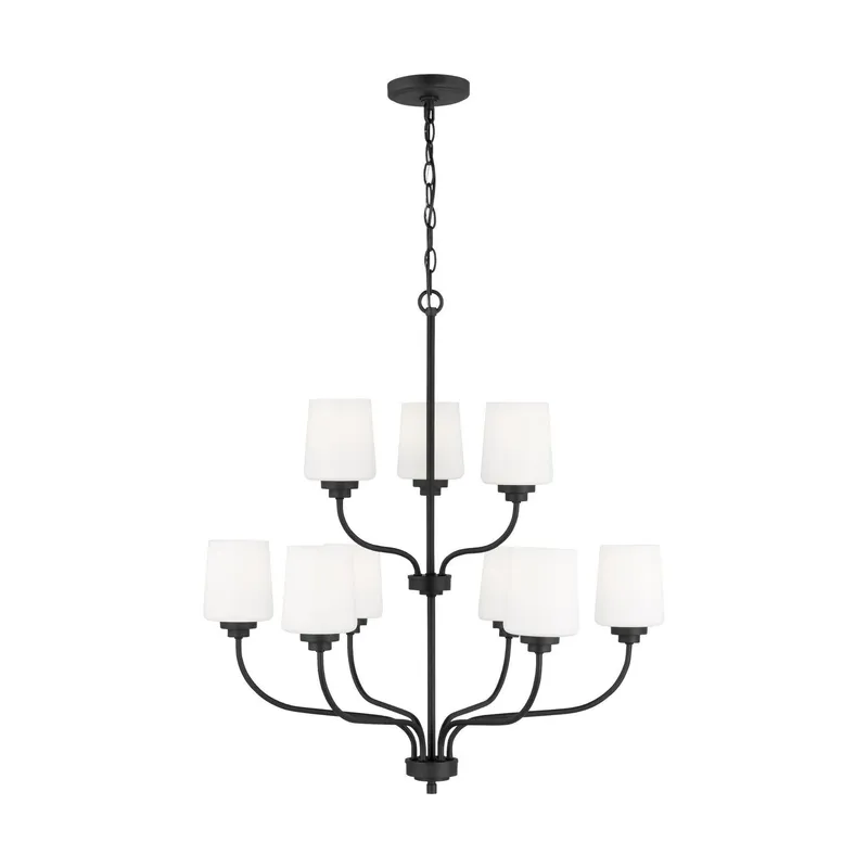 Windom Nine Light Chandelier Traditional 28" Width 30" Height Steel Round Etched / White Inside Shade in Midnight Black