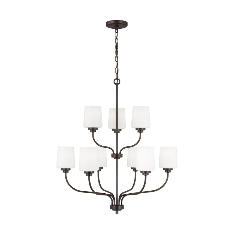 Windom Nine Light Chandelier LED Traditional 28" Width 30" Height Steel Round Etched / White Inside Shade in Bronze