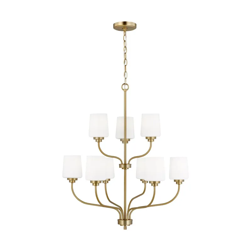 Windom Nine Light Chandelier LED Traditional 28" Width 30" Height Steel Round Etched / White Inside Shade in Satin Brass
