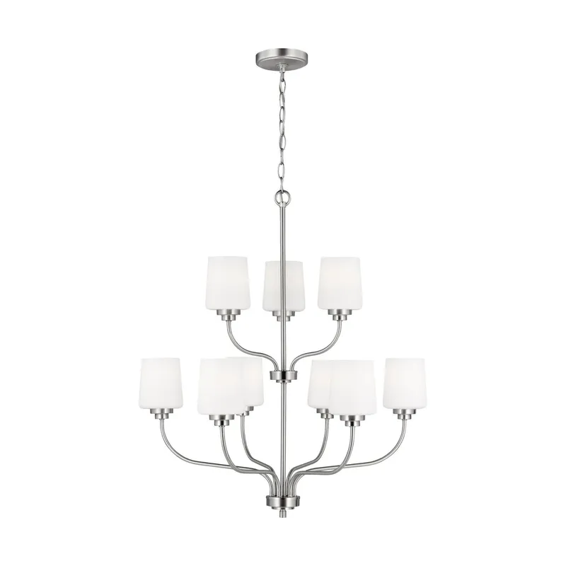 Windom Nine Light Chandelier LED Traditional 28" Width 30" Height Steel Round Etched / White Inside Shade in Brushed Nickel