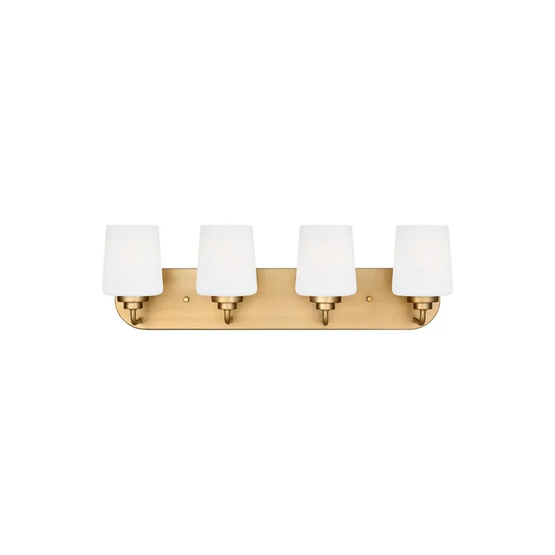 Windom Four Light Wall / Bath Traditional Fixture 24.375" Width 7.5" Height Steel Round Etched White Inside Shade in Satin Brass