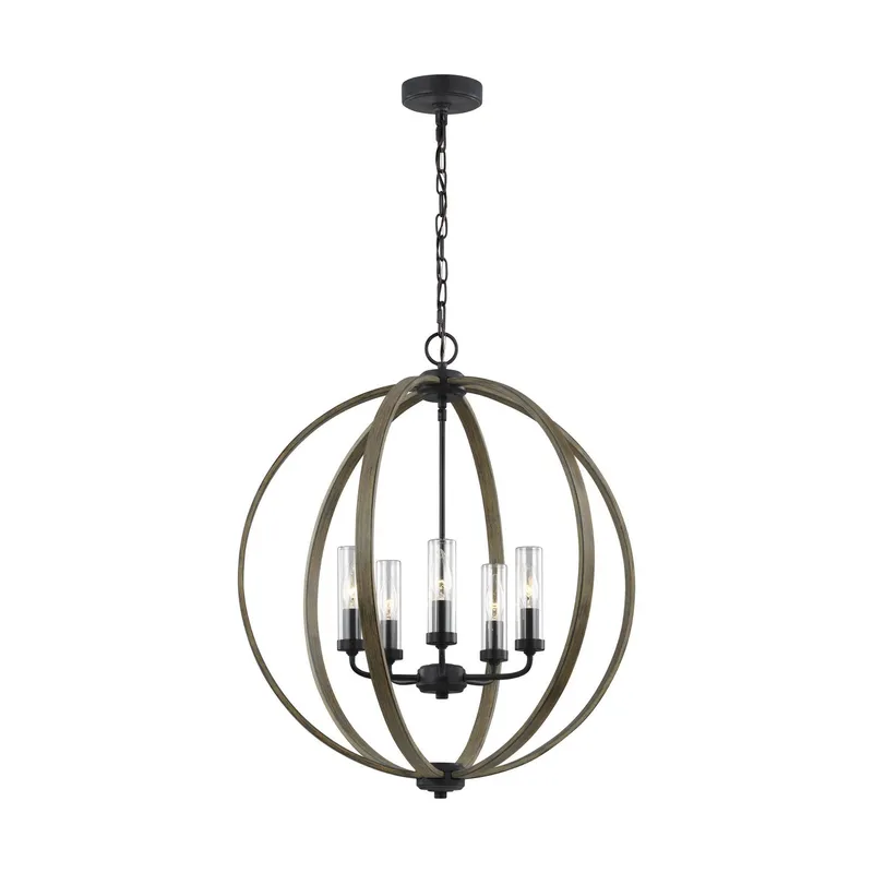 Sean Lavin Allier Outdoor Chandelier in Weathered Oak Wood / Antique Forged Iron