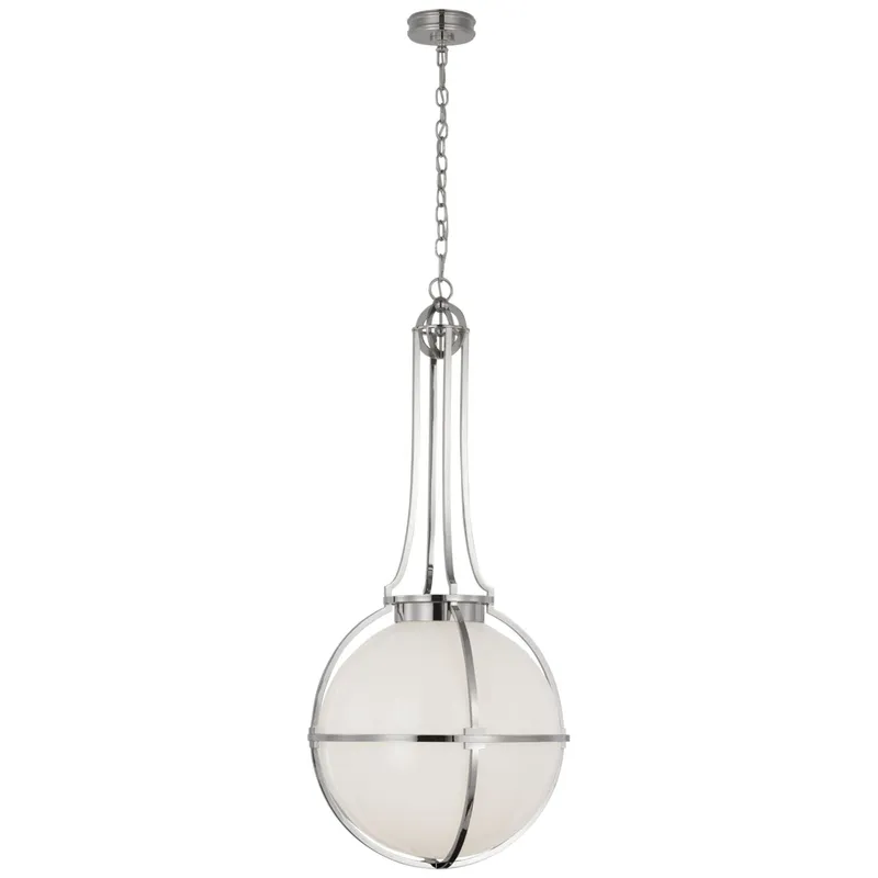 Chapman & Myers Gracie Large Captured Globe Pendant in Polished Nickel with White Glass Ceiling Light W19.25" x H44"
