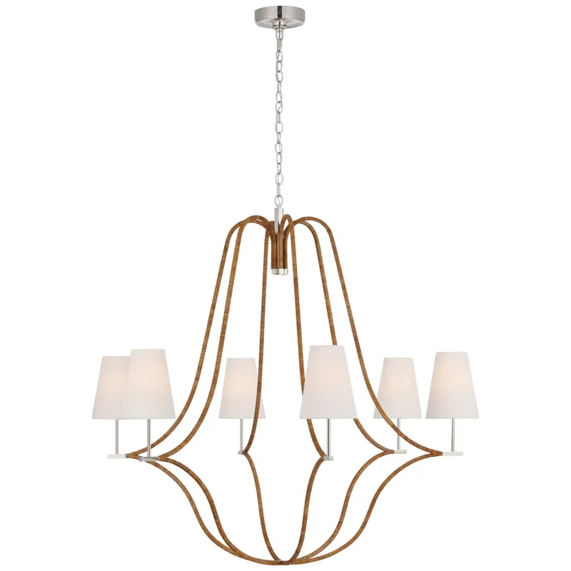 Chapman & Myers Biscayne Extra Large Wrapped Chandelier in Polished Nickel and Natural Rattan with Linen Shades Ceiling Light W45.75" x H42.75"