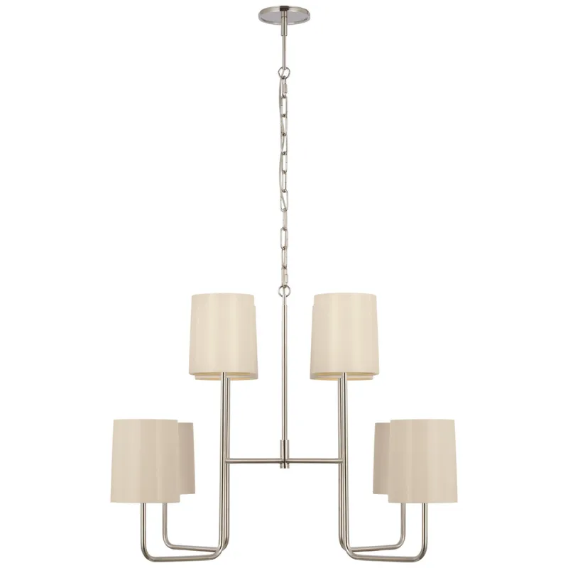 Barbara Barry Go Lightly Extra Large Two Tier Chandelier in Polished Nickel with China White Shades Ceiling Light W30" x H25.25"