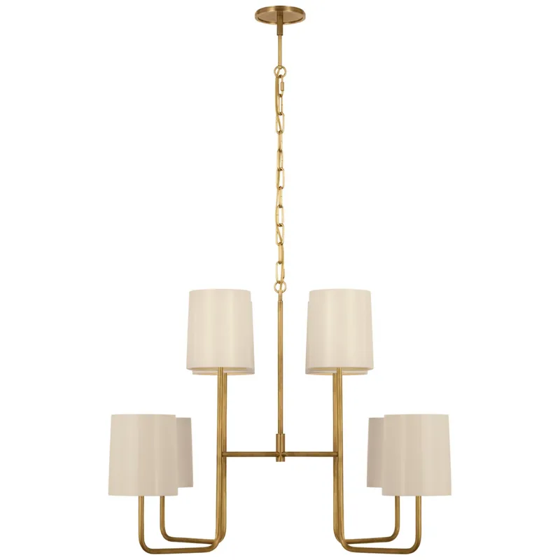 Barbara Barry Go Lightly Extra Large Two Tier Chandelier in Soft Brass with China White Shades Ceiling Light W30" x H25.25"