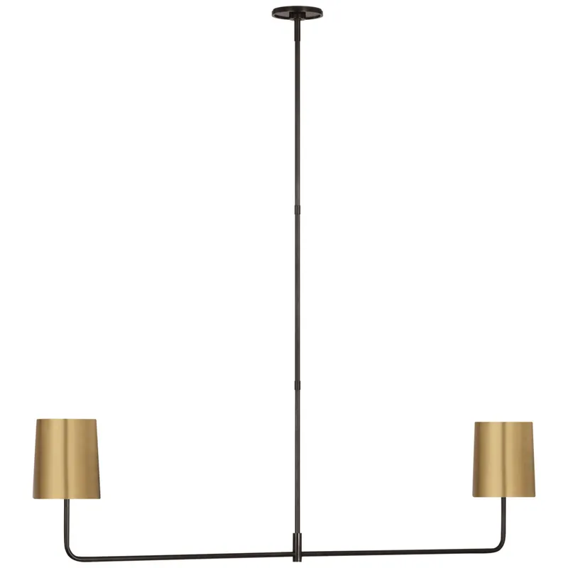 Barbara Barry Go Lightly 54" Two Light Linear Chandelier in Bronze with Soft Brass Shades Ceiling Light W54"
